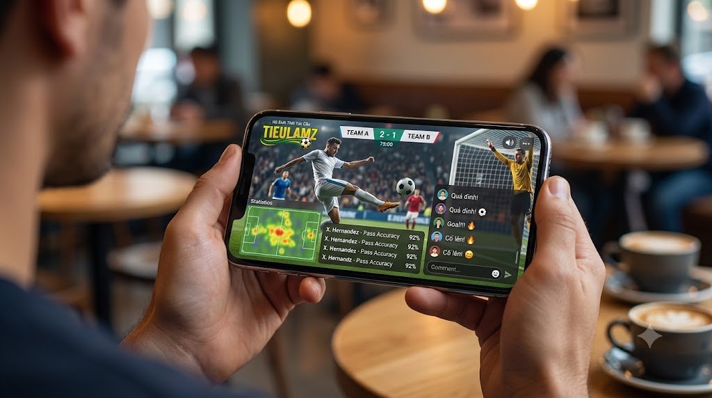 Giao diện xem bóng đá trực tuyến hiện đại trên điện thoại của Tieulamz, tích hợp livescore, thống kê trận đấu và chatbox tương tác thời gian thực.